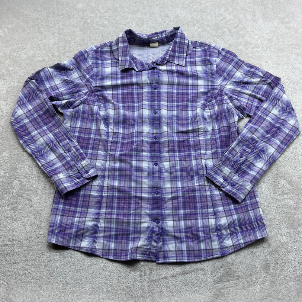 Duluth Trading Co Button Up Shirt Women XL Purple Plaid Short Sleeve Vented Back - Picture 1 of 9